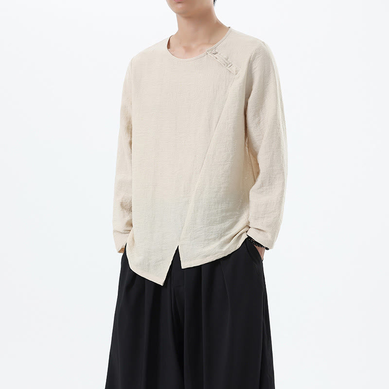 Nimara Ritual Men's Long Sleeve Round Collar Comfort Cotton Linen Shirt