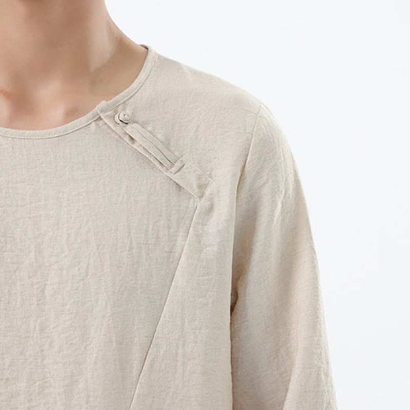 Nimara Ritual Men's Long Sleeve Round Collar Comfort Cotton Linen Shirt