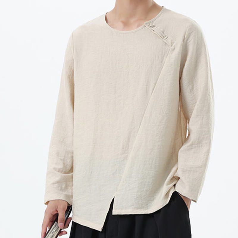 Nimara Ritual Men's Long Sleeve Round Collar Comfort Cotton Linen Shirt