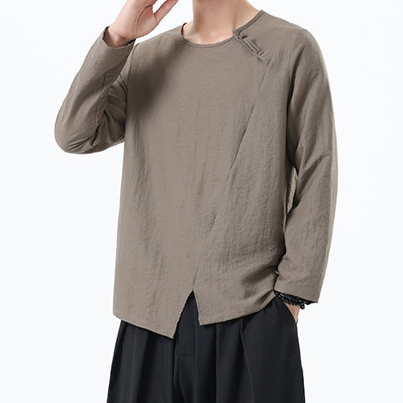 Nimara Ritual Men's Long Sleeve Round Collar Comfort Cotton Linen Shirt