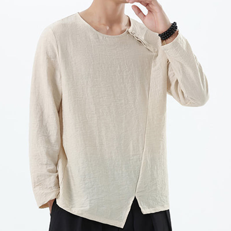 Nimara Ritual Men's Long Sleeve Round Collar Comfort Cotton Linen Shirt