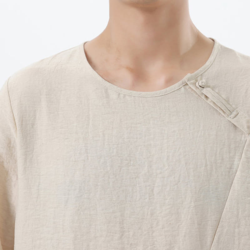 Nimara Ritual Men's Long Sleeve Round Collar Comfort Cotton Linen Shirt