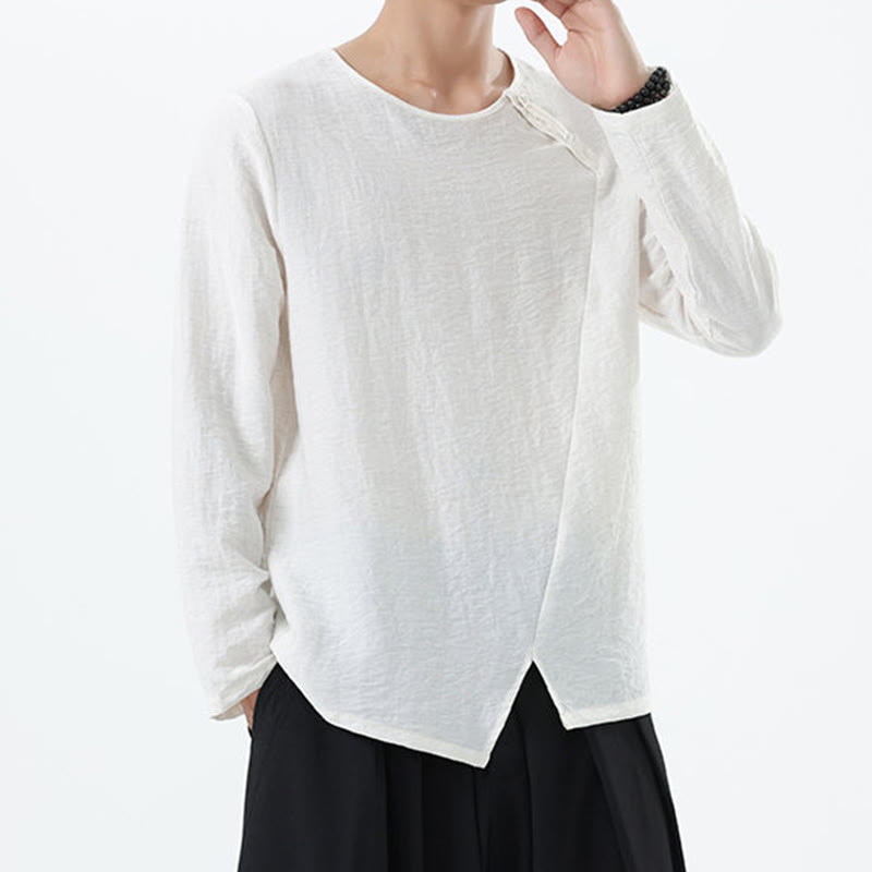 Nimara Ritual Men's Long Sleeve Round Collar Comfort Cotton Linen Shirt