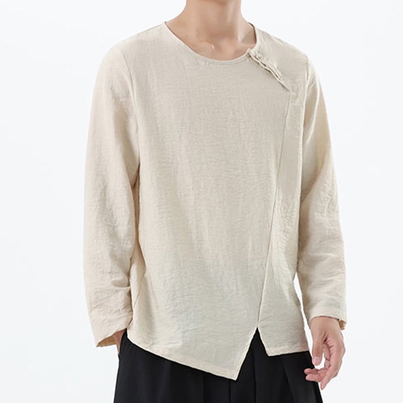 Nimara Ritual Men's Long Sleeve Round Collar Comfort Cotton Linen Shirt