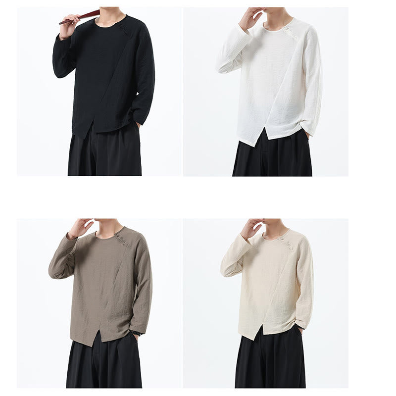 Nimara Ritual Men's Long Sleeve Round Collar Comfort Cotton Linen Shirt