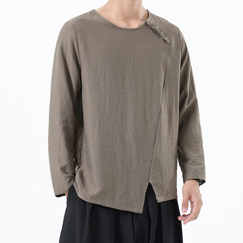 Nimara Ritual Men's Long Sleeve Round Collar Comfort Cotton Linen Shirt