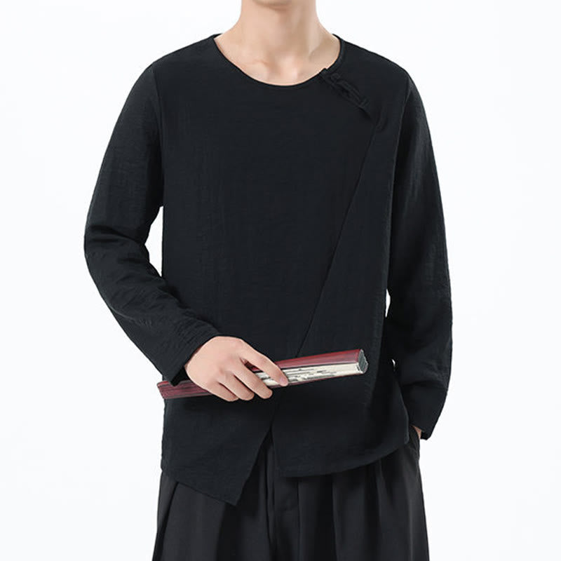 Nimara Ritual Men's Long Sleeve Round Collar Comfort Cotton Linen Shirt
