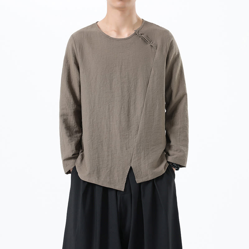 Nimara Ritual Men's Long Sleeve Round Collar Comfort Cotton Linen Shirt