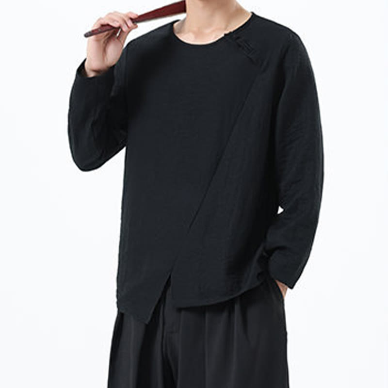 Nimara Ritual Men's Long Sleeve Round Collar Comfort Cotton Linen Shirt
