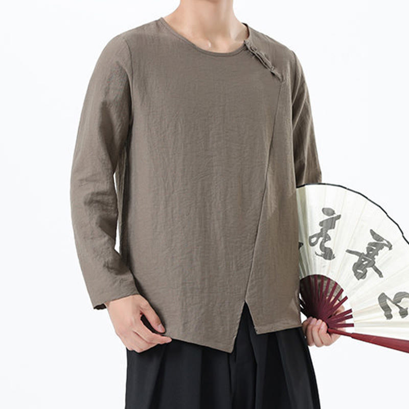 Nimara Ritual Men's Long Sleeve Round Collar Comfort Cotton Linen Shirt