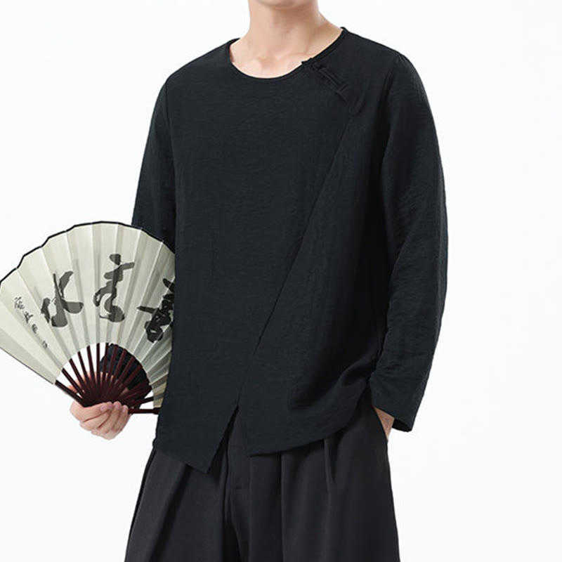 Nimara Ritual Men's Long Sleeve Round Collar Comfort Cotton Linen Shirt