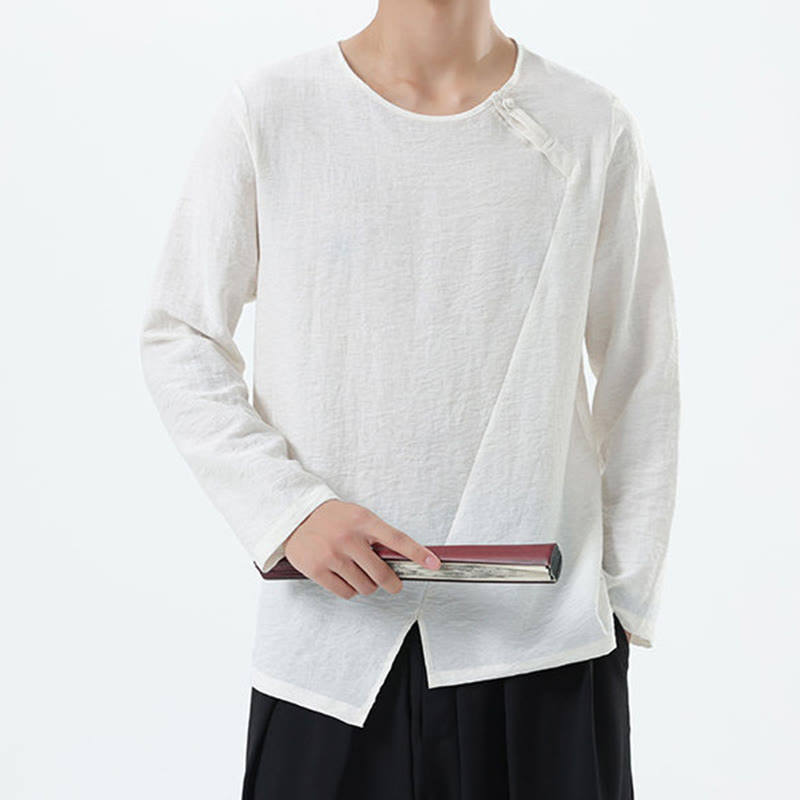 Nimara Ritual Men's Long Sleeve Round Collar Comfort Cotton Linen Shirt
