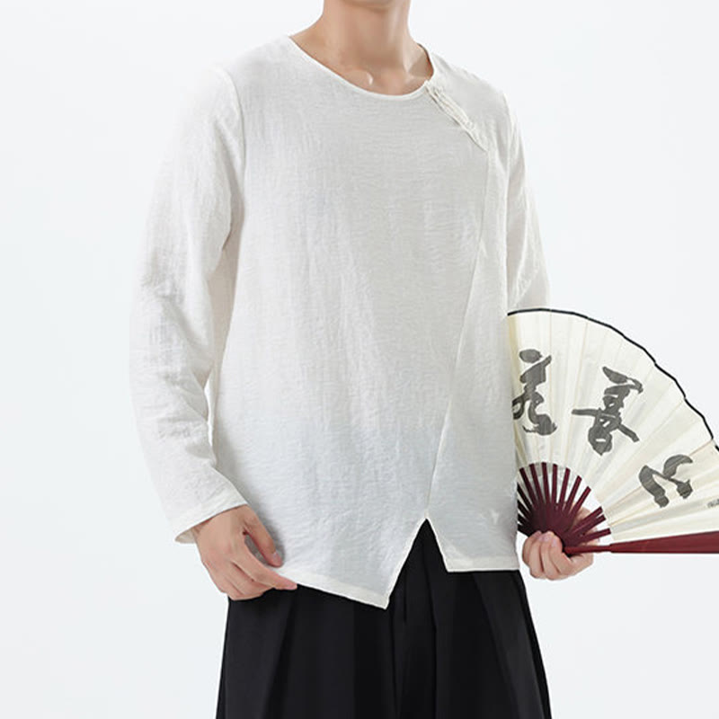 Nimara Ritual Men's Long Sleeve Round Collar Comfort Cotton Linen Shirt