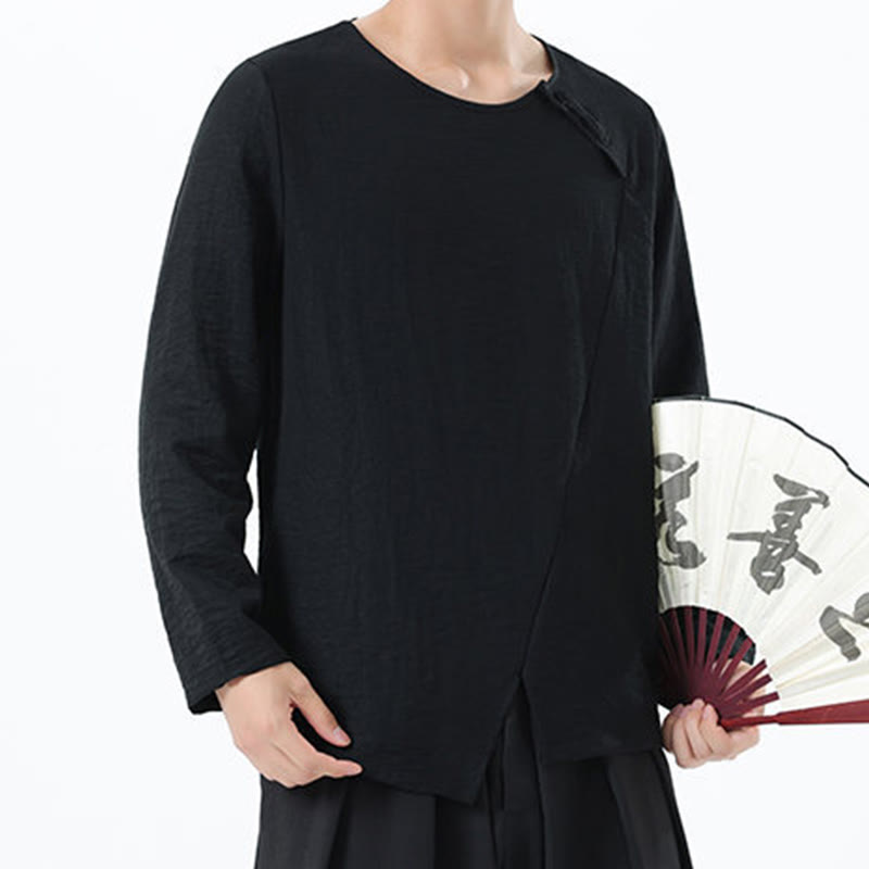 Nimara Ritual Men's Long Sleeve Round Collar Comfort Cotton Linen Shirt