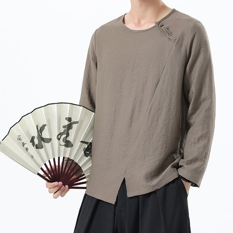 Nimara Ritual Men's Long Sleeve Round Collar Comfort Cotton Linen Shirt