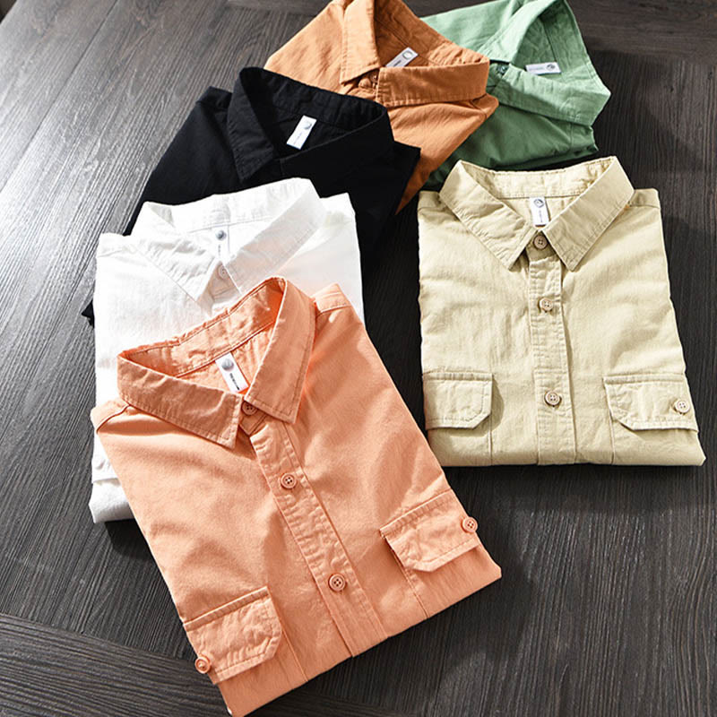 Nimara Ritual Men's Long Sleeve Turn-down Collar With Pocket Pure Color Casual Cotton Shirt