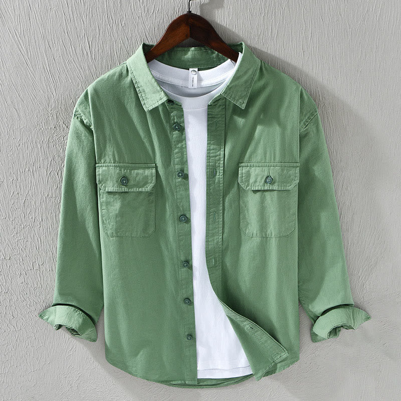 Nimara Ritual Men's Long Sleeve Turn-down Collar With Pocket Pure Color Casual Cotton Shirt