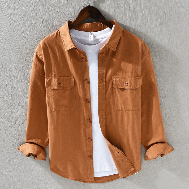 Nimara Ritual Men's Long Sleeve Turn-down Collar With Pocket Pure Color Casual Cotton Shirt