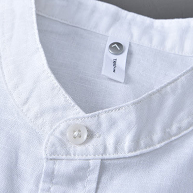 Nimara Ritual Men's Long Sleeve Stand Collar With Pocket Pure Color Casual Cotton Linen Shirt