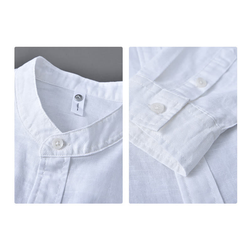 Nimara Ritual Men's Long Sleeve Stand Collar With Pocket Pure Color Casual Cotton Linen Shirt