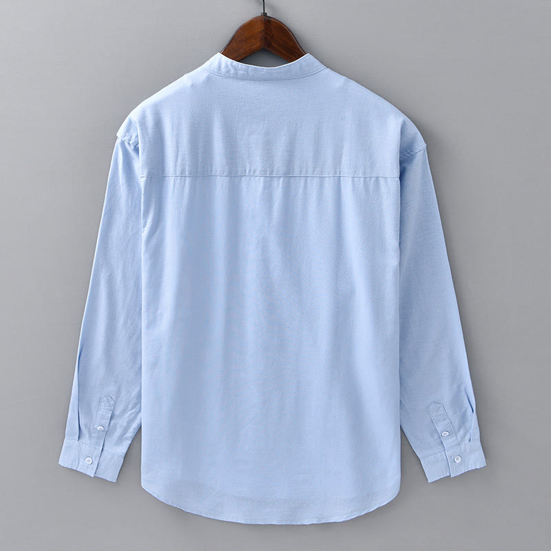 Nimara Ritual Men's Long Sleeve Stand Collar With Pocket Pure Color Casual Cotton Linen Shirt