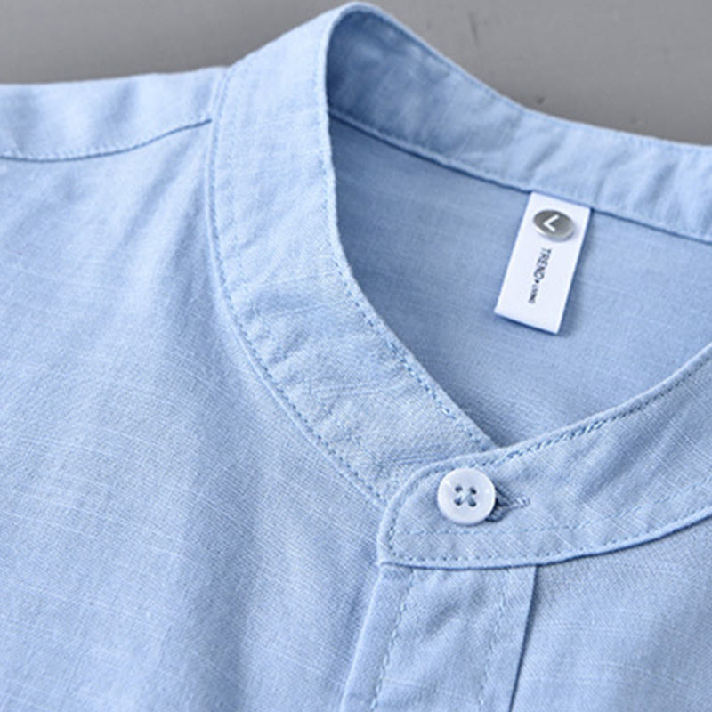 Nimara Ritual Men's Long Sleeve Stand Collar With Pocket Pure Color Casual Cotton Linen Shirt