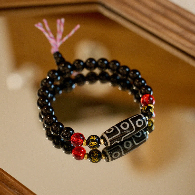 Nimara Ritual Tibetan Nine-eye Dzi Bead Black Onyx Six True Words Wealth Protection Bracelet