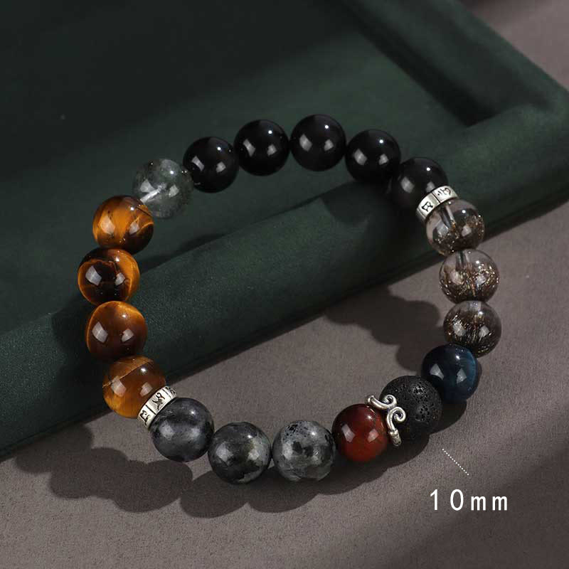 Nimara Ritual 925 Sterling Silver Black Onyx Gold Sheen Obsidian Lava Rock Tiger Eye Six True Words Wealth Protection Bracelet