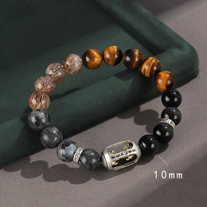 Nimara Ritual 925 Sterling Silver Black Onyx Gold Sheen Obsidian Lava Rock Tiger Eye Six True Words Wealth Protection Bracelet