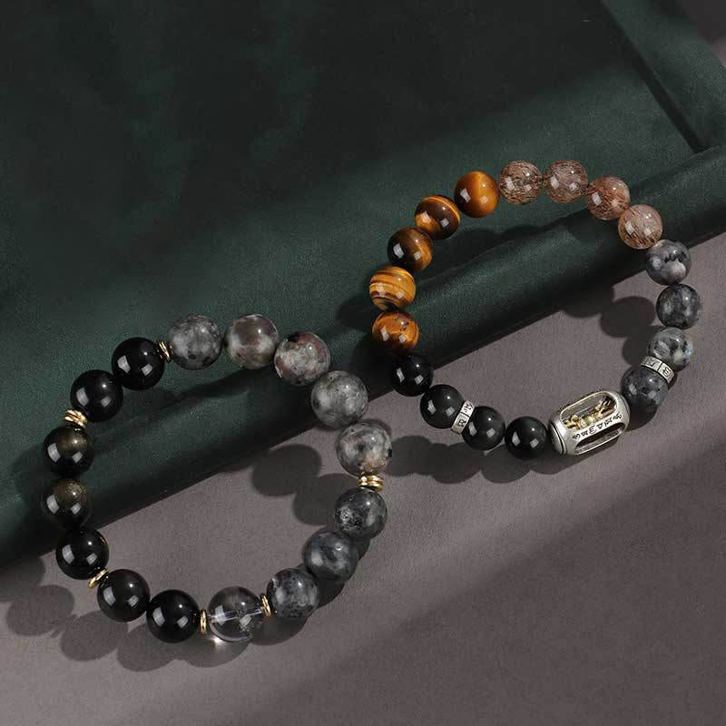 Nimara Ritual 925 Sterling Silver Black Onyx Gold Sheen Obsidian Lava Rock Tiger Eye Six True Words Wealth Protection Bracelet