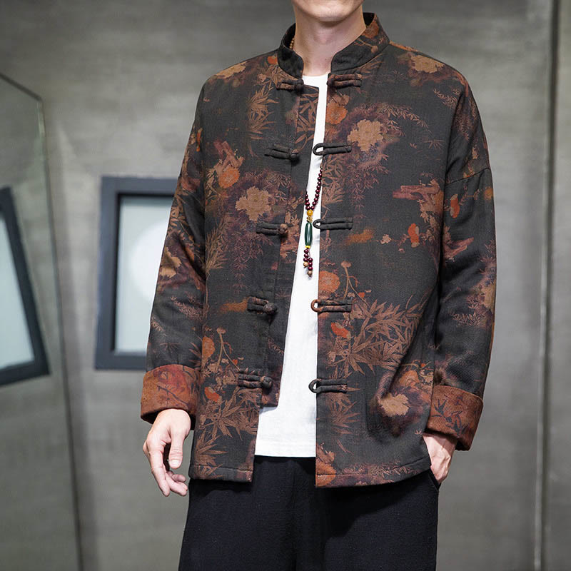 Nimara Ritual Frog-Button Chinese Tang Suit Long Shirt Cotton Men Jacket Clothing