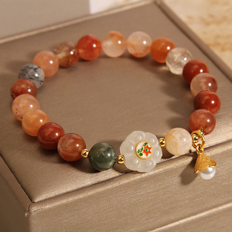 Nimara Ritual Natural Fu Lu Shou Crystal Hetian White Jade Pearl Luck Bracelet