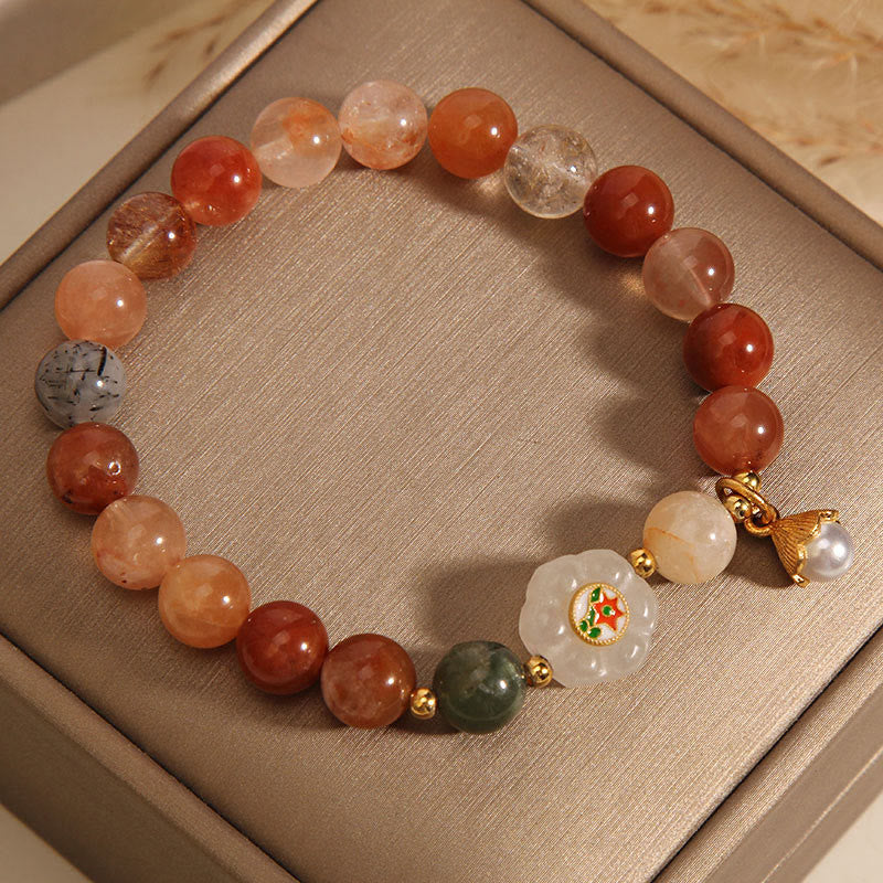 Nimara Ritual Natural Fu Lu Shou Crystal Hetian White Jade Pearl Luck Bracelet