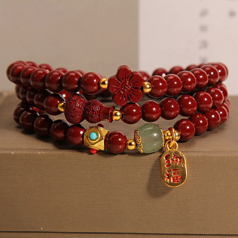 Nimara Ritual Cinnabar Fu Character Flower Gourd Triple Wrap Blessing Bracelet