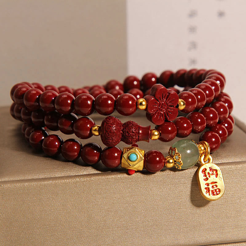 Nimara Ritual Cinnabar Fu Character Flower Gourd Triple Wrap Blessing Bracelet