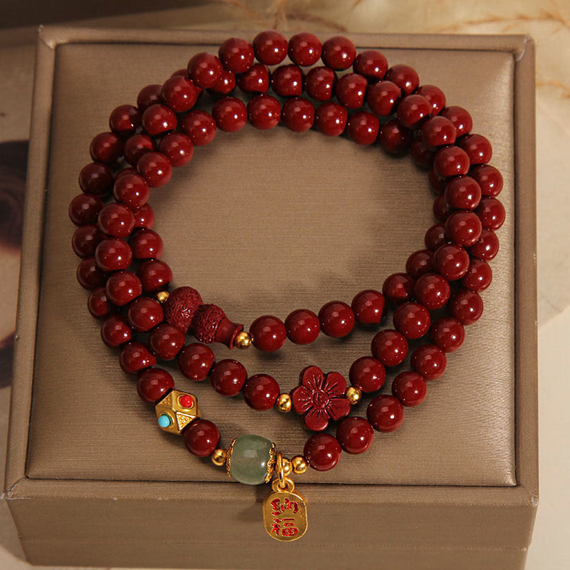 Nimara Ritual Cinnabar Fu Character Flower Gourd Triple Wrap Blessing Bracelet