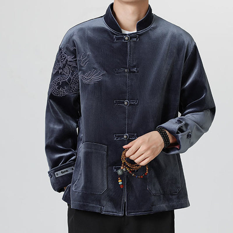 Nimara Ritual Embroider Dragon Casual Frog-button Cotton Men's Jacket Shirt Clothing