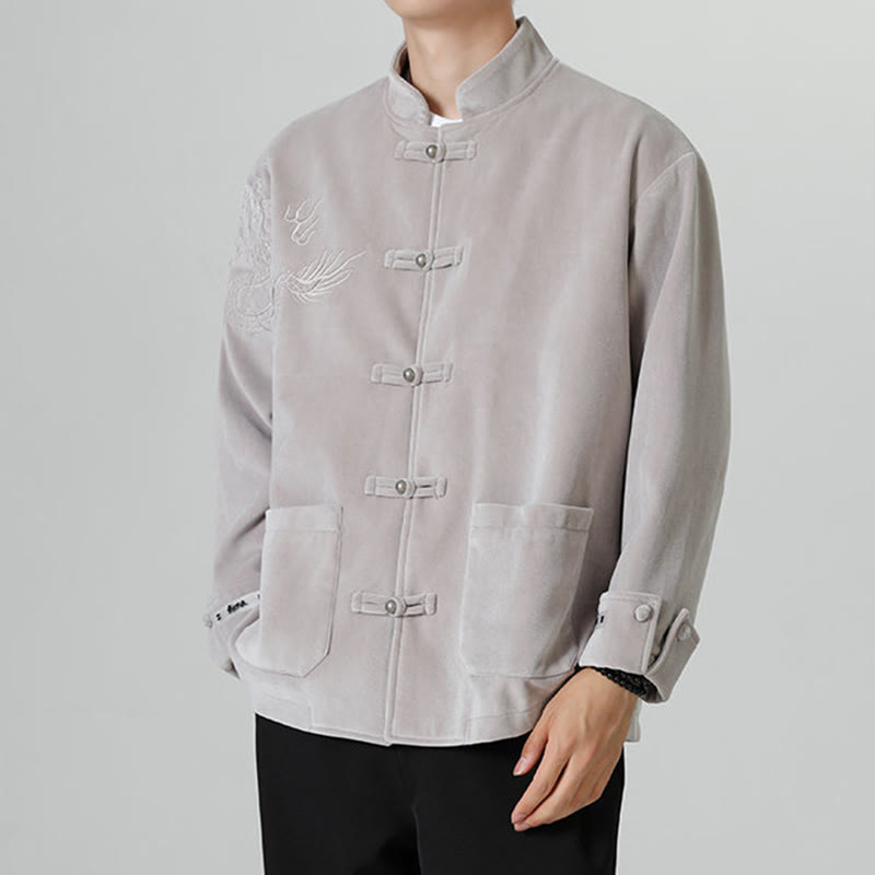 Nimara Ritual Embroider Dragon Casual Frog-button Cotton Men's Jacket Shirt Clothing