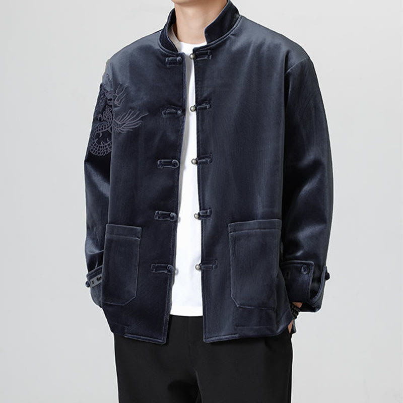 Nimara Ritual Embroider Dragon Casual Frog-button Cotton Men's Jacket Shirt Clothing