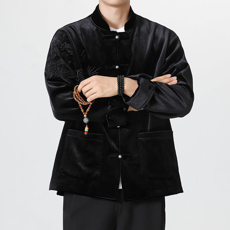 Nimara Ritual Embroider Dragon Casual Frog-button Cotton Men's Jacket Shirt Clothing