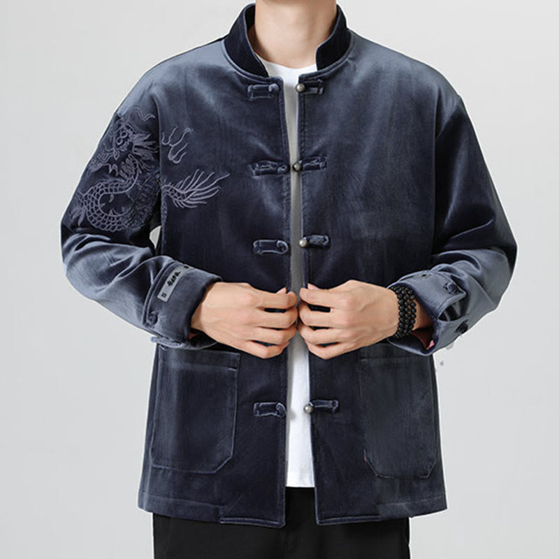 Nimara Ritual Embroider Dragon Casual Frog-button Cotton Men's Jacket Shirt Clothing