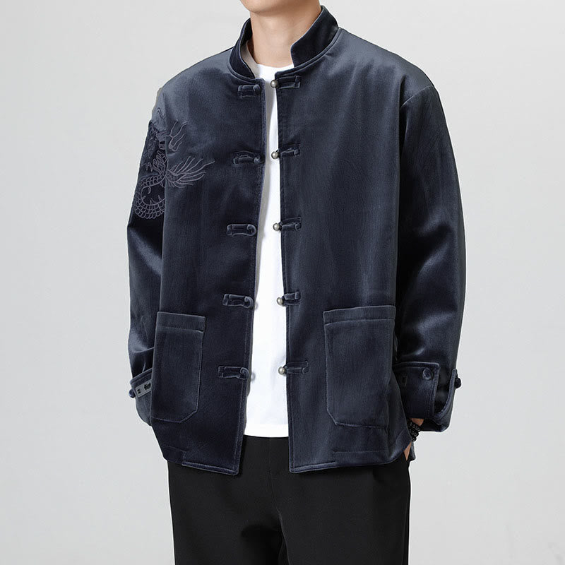 Nimara Ritual Embroider Dragon Casual Frog-button Cotton Men's Jacket Shirt Clothing