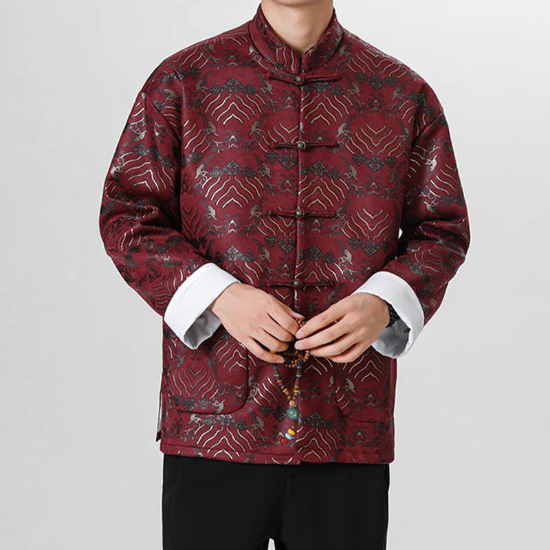 Nimara Ritual Frog-Button Chinese Tang Suit Wave Shape Long Shirt Men Jacket Clothing