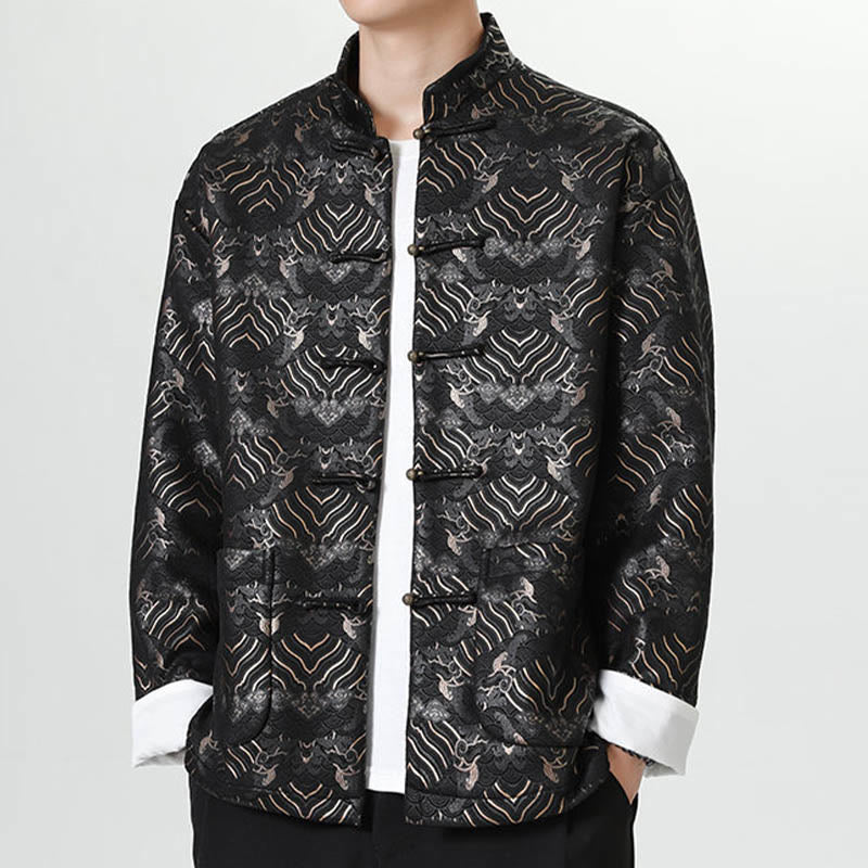 Nimara Ritual Frog-Button Chinese Tang Suit Wave Shape Long Shirt Men Jacket Clothing