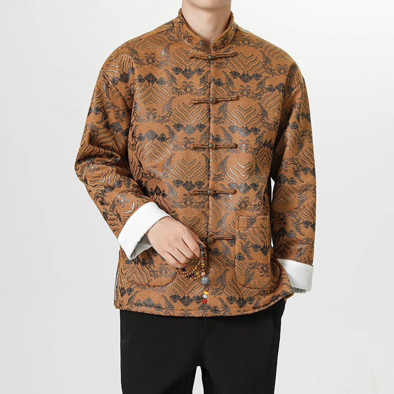 Nimara Ritual Frog-Button Chinese Tang Suit Wave Shape Long Shirt Men Jacket Clothing