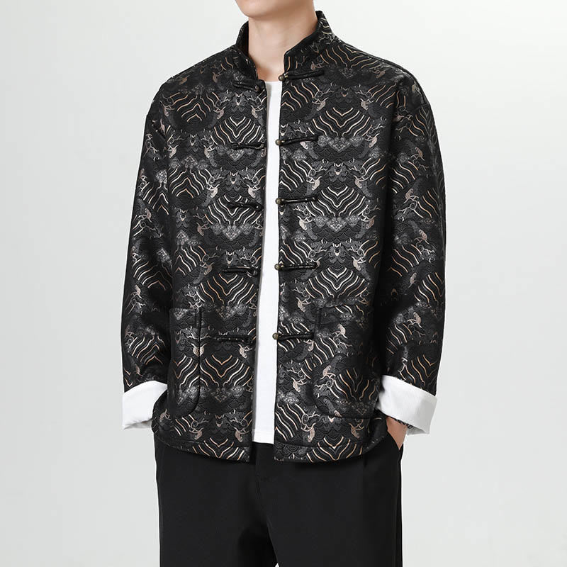 Nimara Ritual Frog-Button Chinese Tang Suit Wave Shape Long Shirt Men Jacket Clothing