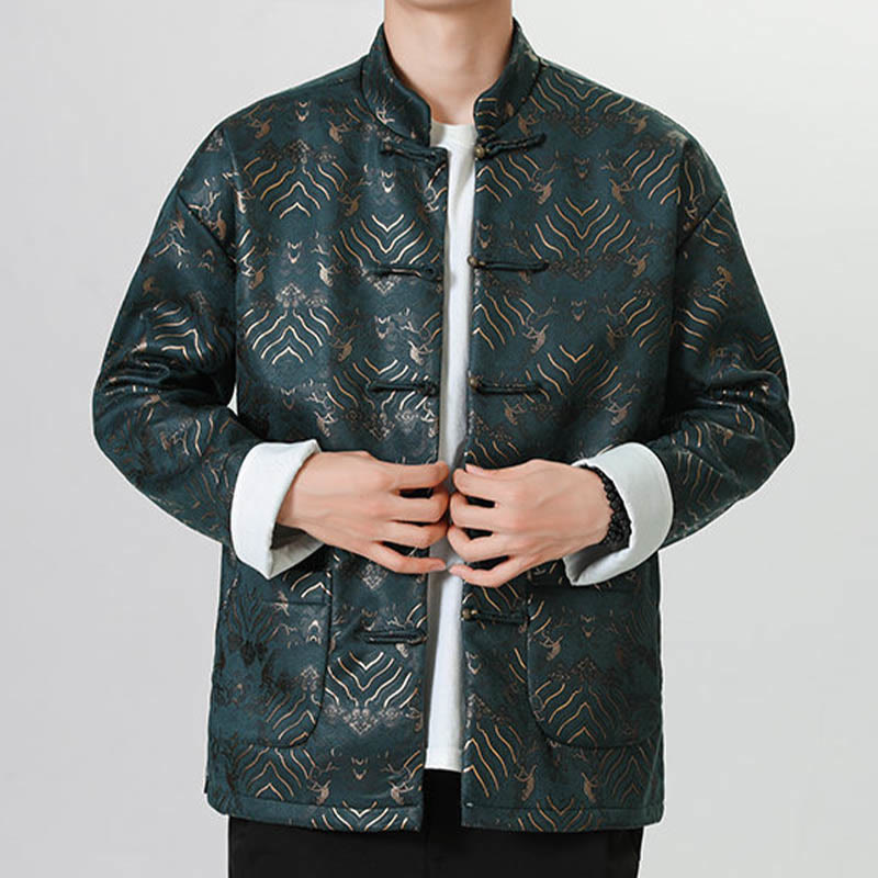Nimara Ritual Frog-Button Chinese Tang Suit Wave Shape Long Shirt Men Jacket Clothing