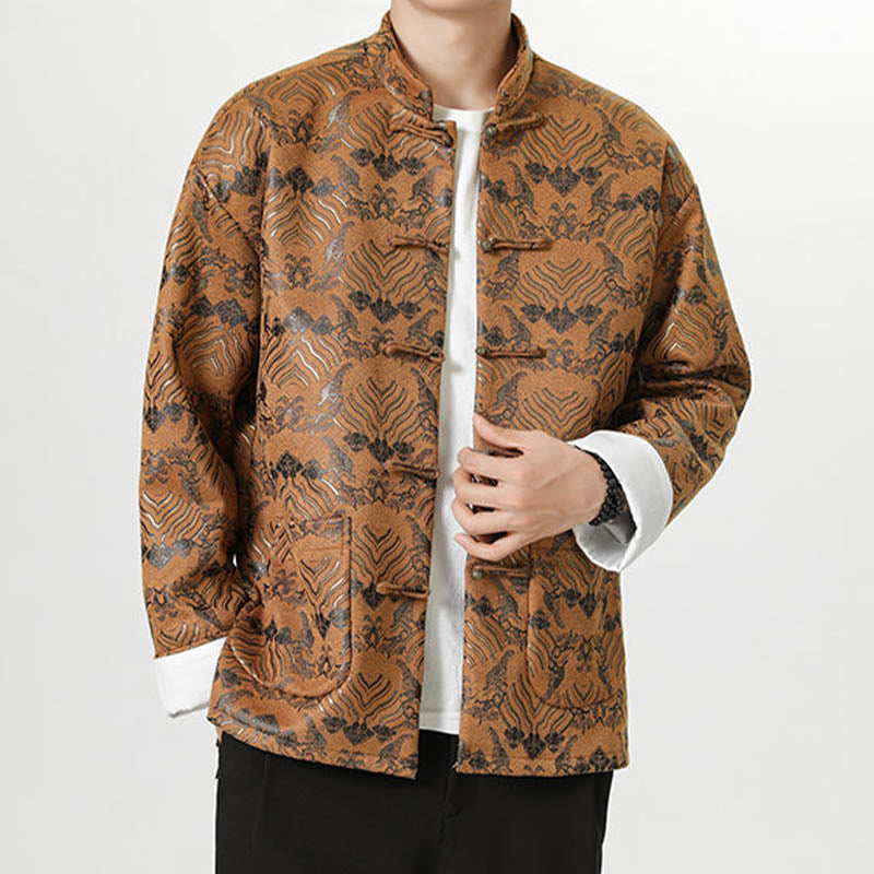 Nimara Ritual Frog-Button Chinese Tang Suit Wave Shape Long Shirt Men Jacket Clothing