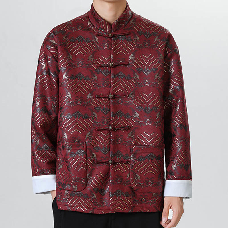 Nimara Ritual Frog-Button Chinese Tang Suit Wave Shape Long Shirt Men Jacket Clothing