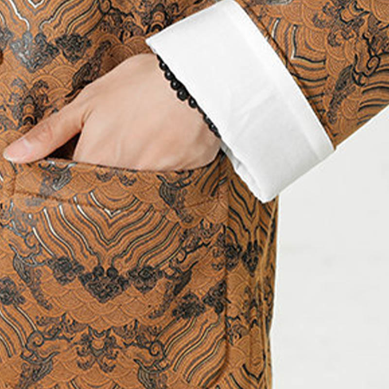 Nimara Ritual Frog-Button Chinese Tang Suit Wave Shape Long Shirt Men Jacket Clothing